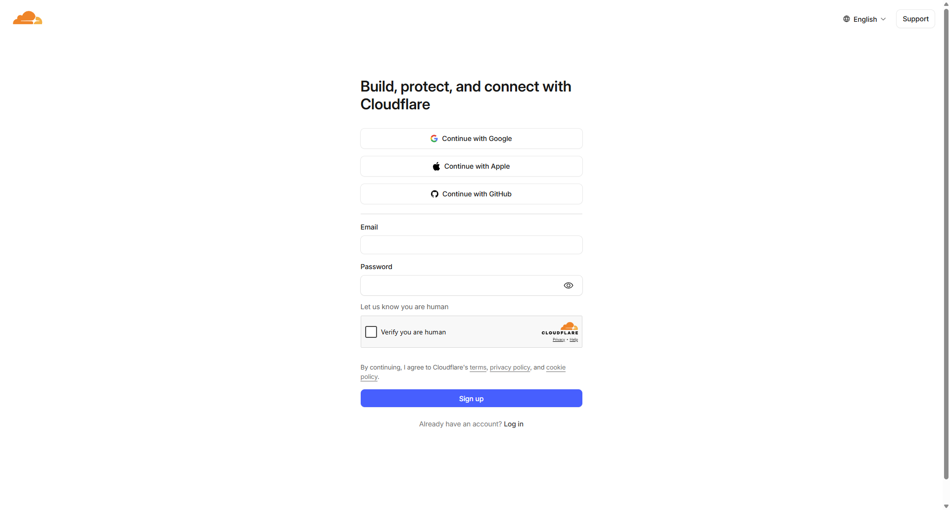 Cloudflare sign-up screen