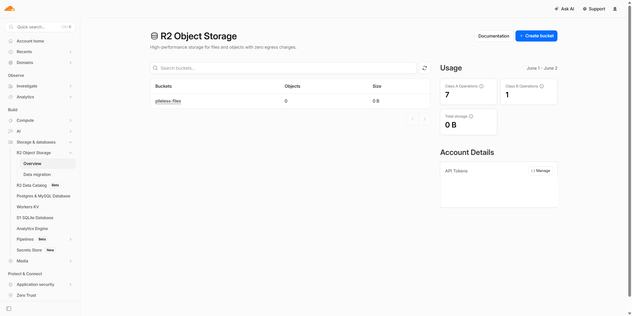 R2 Object Storage overview showing the created bucket plus Account ID and S3 endpoint