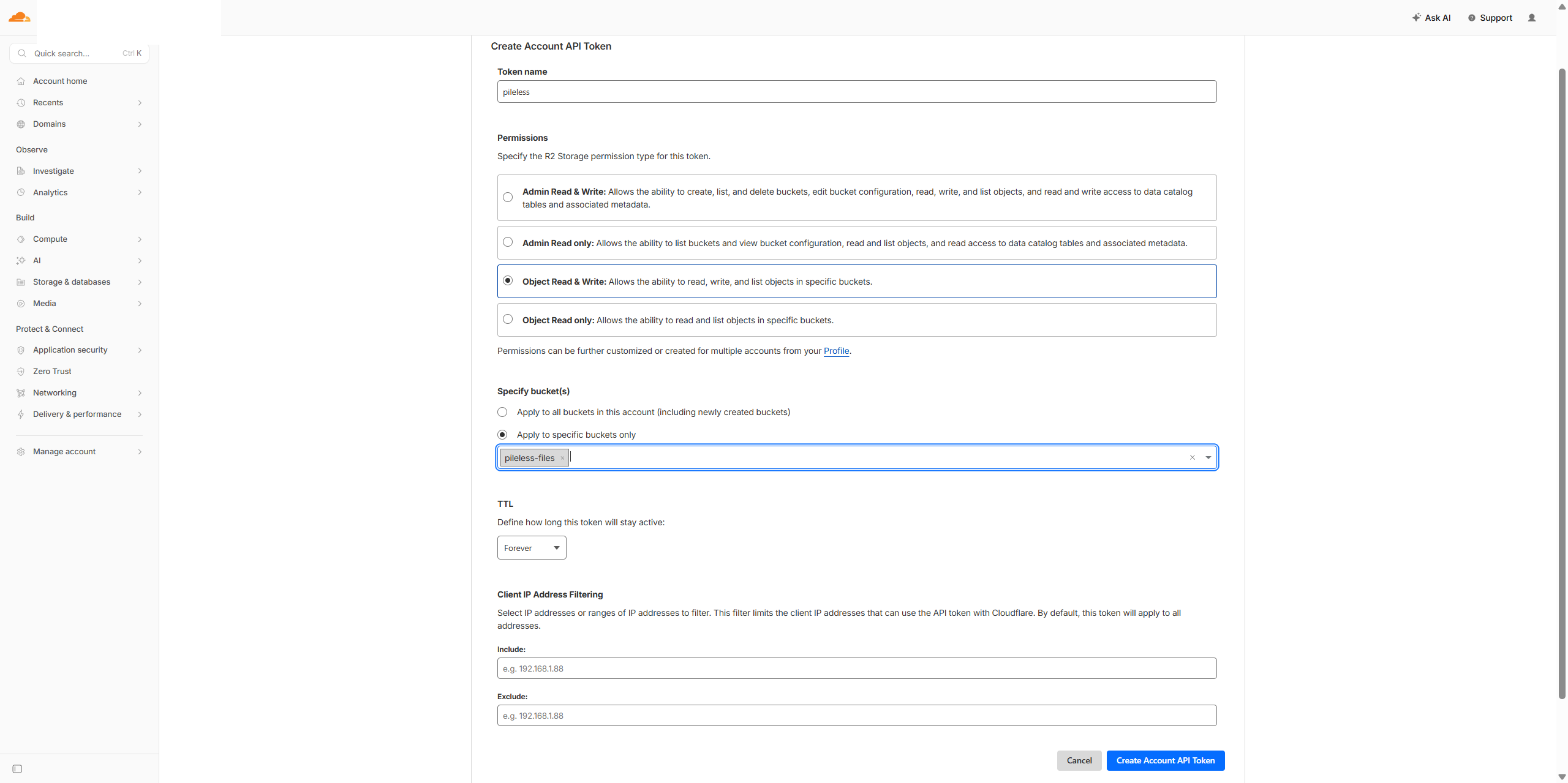 R2 Create Account API Token form — Object Read & Write, scoped to the bucket