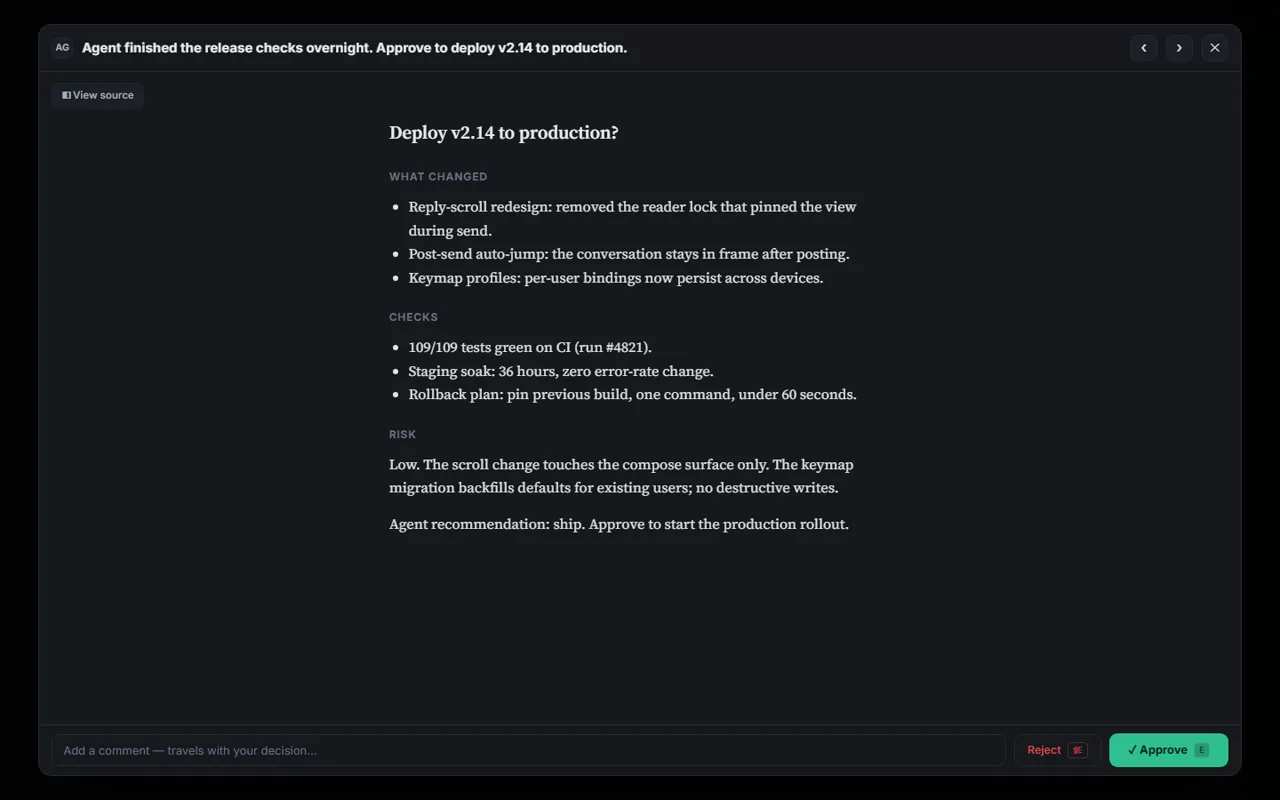 A Pileless review pane showing an agent's deploy approval opened for review — what changed, the checks that ran, and the risk call — with a comment field and Approve and Reject actions.