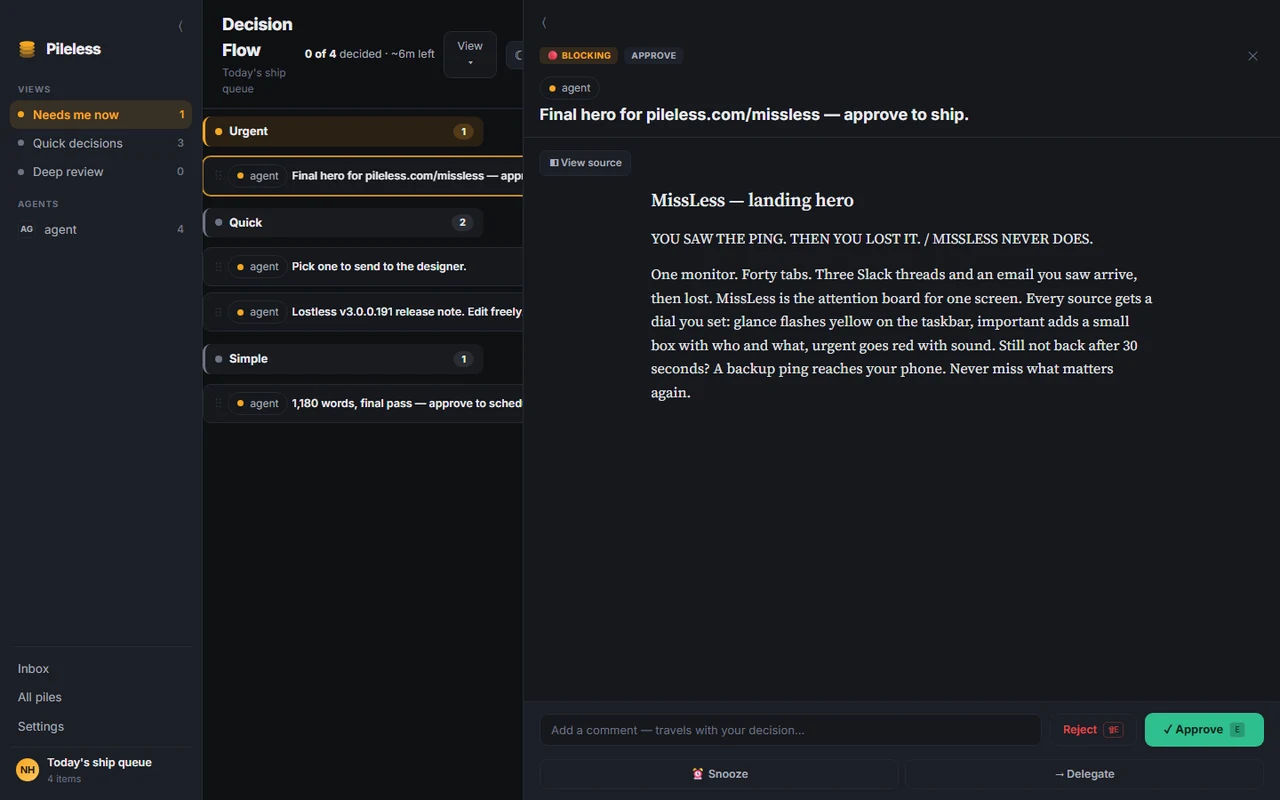 Dense list view: compact decision rows on the left with the full review panel open on the right.